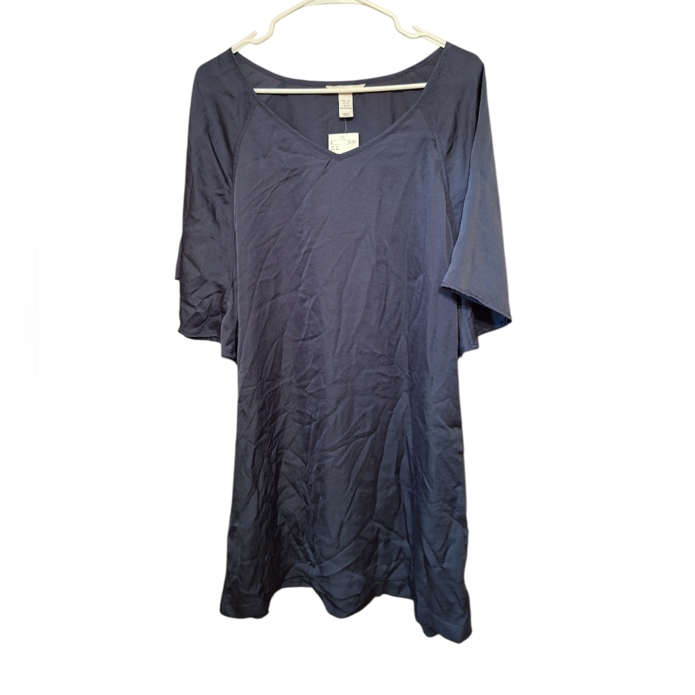 H&M Blue Silky Pullover Oversized Dress Ladies 14 NWT Blue V-Neck Short Sleeves - Picture 1 of 5